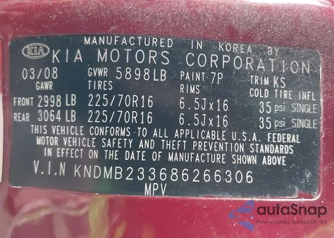 2008 Kia Sedona Lx z USA, uszkodzony, nr VIN KNDMB233686266306